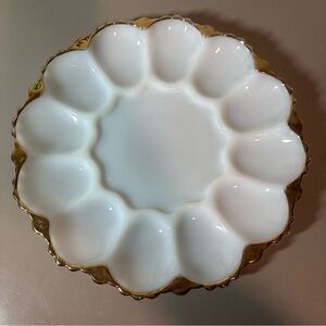 Vintage Anchor Hocking White Milk Glass Gilt Gold Trim Deviled Egg Dish 10" USA!